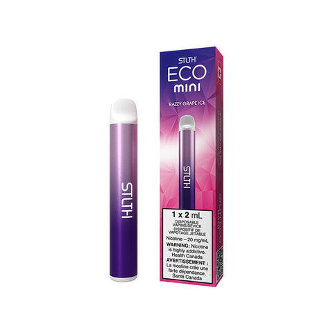 Valor STLTH Eco Mini disposable vape in Razzy Grape Ice flavor, showing the sleek device with colorful label and branding.