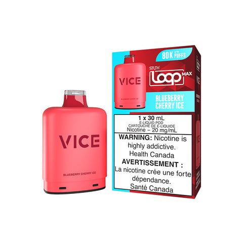 Valor STLTH Loop Max X Vice Pod with Blueberry Cherry Ice flavor, pre-filled e-cigarette pod showing colorful design and branding.