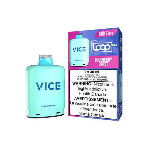 Valor STLTH Loop Max X Vice Pod in Blueberry Frost flavor, showcasing a sleek design and pre-filled pod.