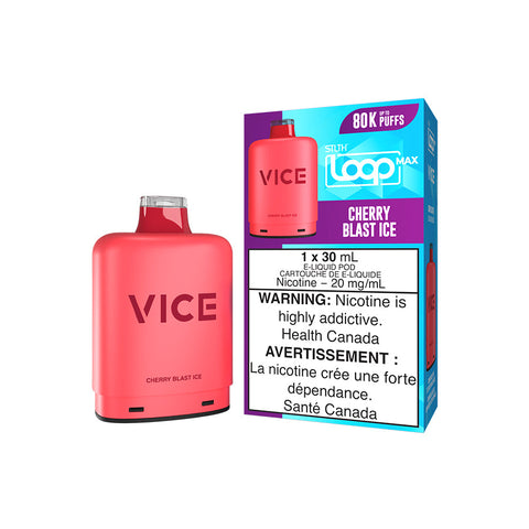 Valor STLTH Loop Max X Vice Pod in Cherry Blast Ice flavor, showing pre-filled pod design and vibrant packaging.