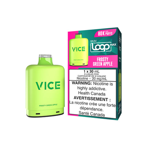 Valor STLTH Loop Max X Vice Pod in frosty green apple flavor, showcasing the sleek design and pre-filled pod features.