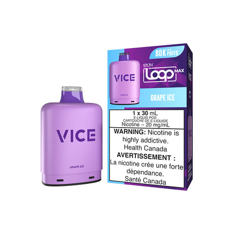 Valor STLTH Loop Max X Vice Pod pre-filled vape pod with grape ice flavor, showing the colorful pod and branding.