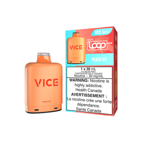 Valor STLTH Loop Max X Vice Pod in Peach Ice flavor, showcasing a sleek pre-filled pod design.
