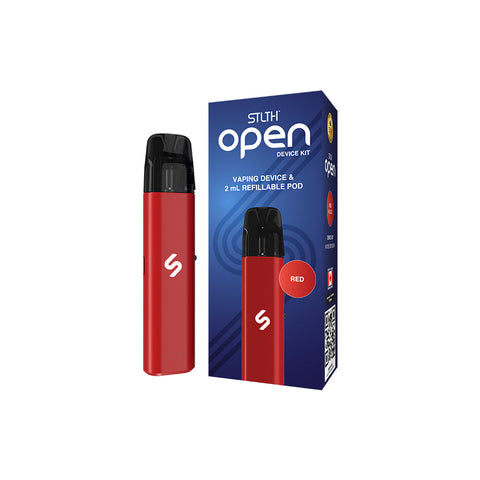 Valor STLTH Open Device Kit CRC in red, a vape kit featuring a compact device with adjustable airflow and rechargeable battery.