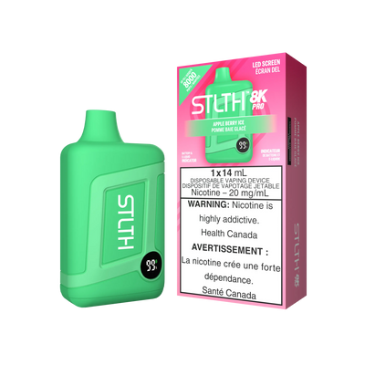Valor STLTH 8K Pro disposable vape with Apple Berry Ice flavor, featuring sleek design and colorful packaging.