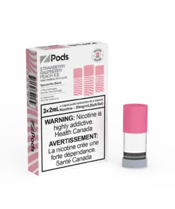 Z Land Z Pods pre-filled vape pods in strawberry, raspberry, peach, and ice flavor, shown in a clear, colorful pod container.
