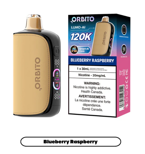 Screenshot of Nimbus Distro Orbito Lumo AI 120K disposable vape device in black with sleek design and branding.