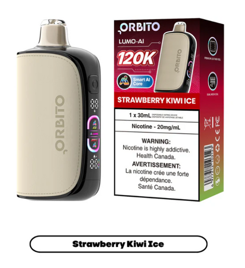 Nimbus Distro Orbito Lumo AI 120K disposable vape device, sleek design with bright LED lighting, shown in a screenshot.