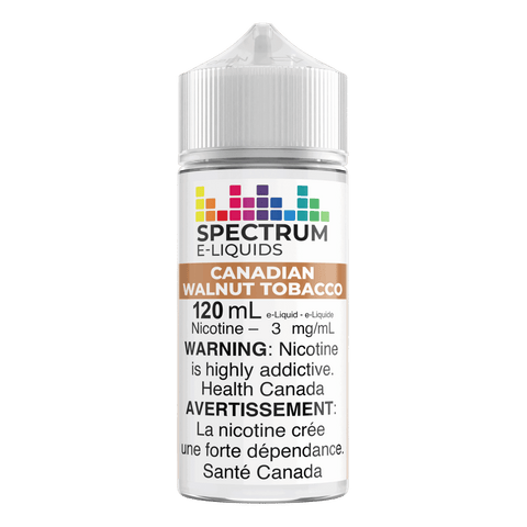Spectrum Freebase E-Liquid 120mL bottle featuring Canadian Walnut Tobacco flavor, with a label showing the Spectrum E-Liquids branding.