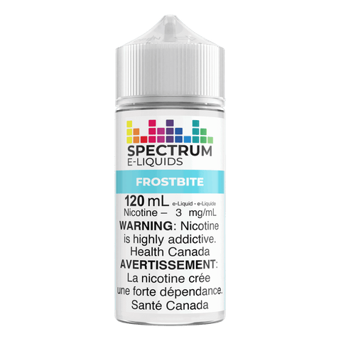 Spectrum Freebase E-Liquid 120mL bottle with frosty mint flavor, featuring clear packaging and Spectrum E-Liquids branding.