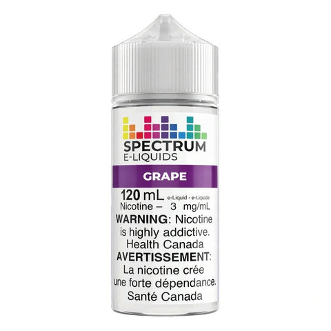Spectrum Freebase E-Liquid 120mL with grape flavor, featuring a vibrant purple bottle and label design.