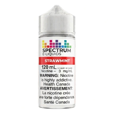 Spectrum Freebase E-Liquid 120mL bottle featuring Strawmint flavor, with a colorful label and transparent plastic container.