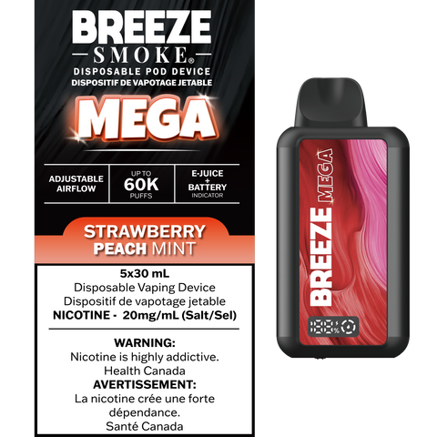 Smoke Arsenal Breeze Mega disposable vape with strawberry, peach, and mint flavor in a 30mL e-cigarette device.