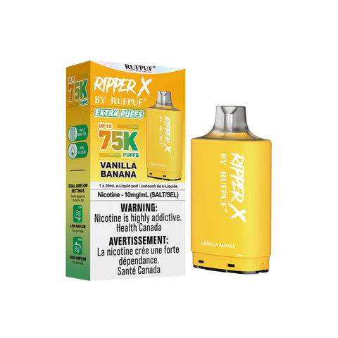 GCore Ripper X 75K pre-filled vape pods with vanilla-banana flavor, shown in close-up image highlighting the pod design and flavor details.