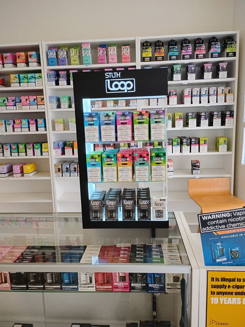 interior view of Vape Cloud Lively, with a close up of a STLTH Pod Display 