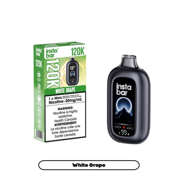 White Nimbus Distro Insta Bar 120K disposable vape with white grape flavor, sleek design and compact size.