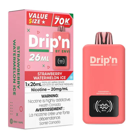Pacific Smoke Drip'n 26ml disposable vape device featuring strawberry watermelon ice flavor.