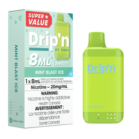 Pacific Smoke Drip'n 8ml disposable vape device in mint blast ice flavor, featuring a sleek design and compact size.