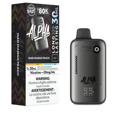 Pacific Smoke Flavour Beast Alpha 80K disposable vape with Mad Mango Peach flavor, showing the sleek device with vibrant branding.