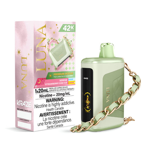 Pacific Smoke Kraze Luna disposable vape with strawberry kiwi ice flavor, shown in sleek rendering with vibrant packaging.