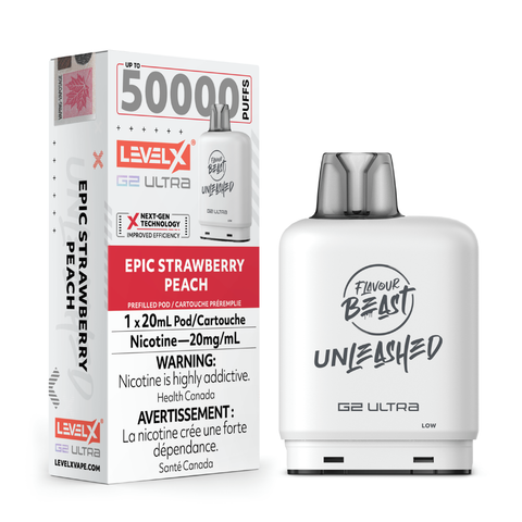 Pacific Smoke Level X G2 Ultra Flavour Beast Unleashed vape pod with Epic Strawberry Peach flavor, 20mg nicotine, close-up view