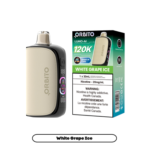 Orbito Lumo AI 120K White Grape Ice 20mg disposable vape with sales packaging