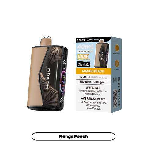 Orbito Lumo AI Pro+ 180K Mango Peach 20mg disposable vape with sales packaging