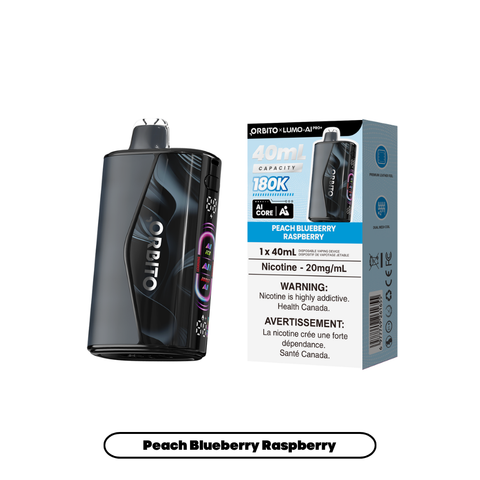 Orbito Lumo AI Pro+ 180K Peach Blueberry Raspberry 20mg disposable vape with sales packaging