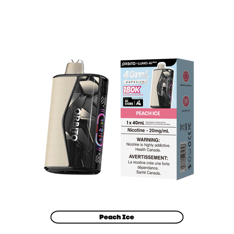 Orbito Lumo AI Pro+ 180K Peach Ice 20mg disposable vape with sales packaging