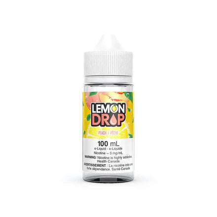 Peach flavored Lemon Drop Freebase E-Liquid by Valor in a 100ml bottle, shown with peach and lemon images.