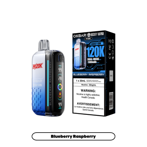 Rocky Vapor OXBAR M120K Blueberry Raspberry 20mg disposable vape with sales packaging