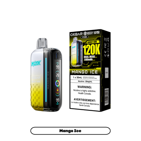 Rocky Vapor OXBAR M120K Mango Ice 20mg disposable vape with sales packaging