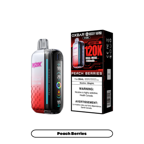 Rocky Vapor OXBAR M120K Peach Berries 20mg disposable vape with sales packaging