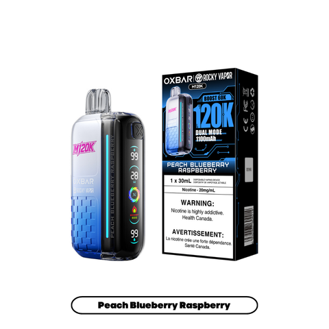 Rocky Vapor OXBAR M120K PEACH BLUEBERRY RASPBERRY 20mg disposable vape with sales packaging