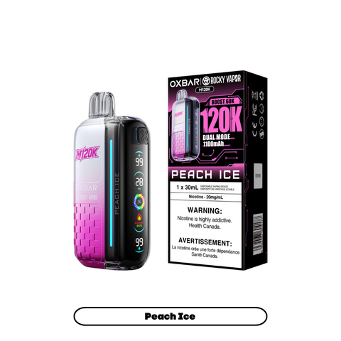 Rocky Vapor OXBAR M120K Peach Ice 20mg disposable vape with sales packaging