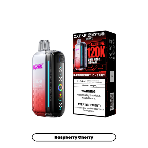 Rocky Vapor OXBAR M120K Raspberry Cherry 20mg disposable vape with sales packaging