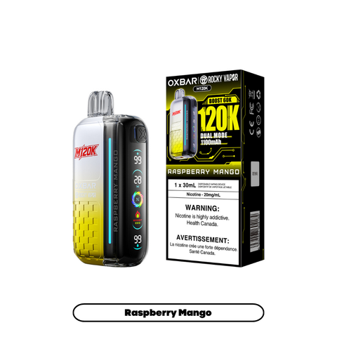 Rocky Vapor OXBAR M120K Raspberry Mango 20mg disposable vape with sales packaging