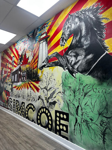 Interior photo of a wall mural with a horse inside a vape store in Simcoe, ON