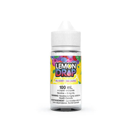 Valor Lemon Drop Freebase E-Liquid 100ml bottle with wild berry flavor and bright yellow lemon design.