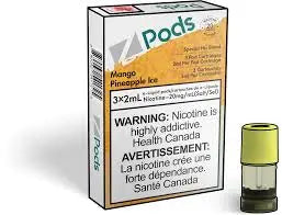 Z Land Mango Pineapple Ice Z Pods for vape, pre-filled with tropical fruit flavor, shown with colorful pod design.